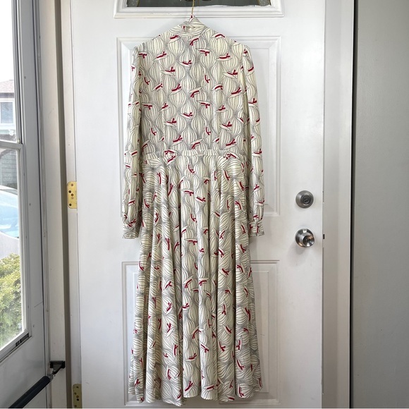 Bergdorf Goodman Bow-Neck Hat Print Silk Cream Red Easter Silk Midi Dress Size L - Picture 3 of 10